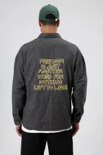 Oversize Baskılı Günlük Kareli Gömlek Haki