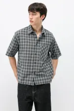 Checked Short-Sleeved Oversize Shirt, Khaki