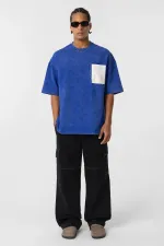 Yıkamalı Cep Detaylı Oversize Tişört Saks