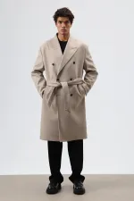 Oversize Kruvaze Kaşe Kaban Bej