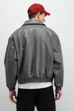 Oversize Deri Bomber Ceket Gri