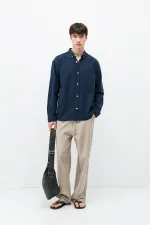 Basic Oversize Pamuk  Keten Gömlek Lacivert