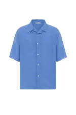 Dikişsiz Kısa Kol Cepsiz Oversize Keten Gömlek Saks