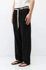 Kemer Detaylı Oversize Keten Pantolon Siyah