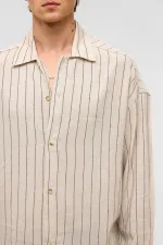 Oversize Uzun Kollu Çizgili Keten Gömlek Siyah