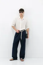 Oversize Linen Trousers with Belt Detail, Navy Blue