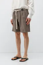 Kemerli Oversize Keten Şort Vizon