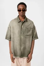 Yıkamalı Kısa Kollu Oversize Gömlek Haki