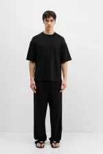 Fitilli Dokulu Baggy Eşofman Alt Siyah