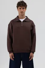 Basic Zip-Up Stand-Up Collar Sweatshirt, Brown