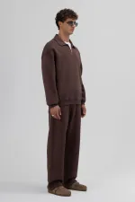 Oversize Zip-Up Stand-Up Collar Sweatshirt, Brown