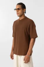 Basic Oversize Düğme Yaka Tişört Kahve