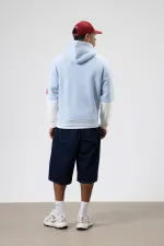 Oversize Baskılı Kapüşonlu Sweatshirt Bebe Mavi