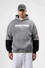 Oversize Baskılı Kapüşonlu Sweatshirt Füme