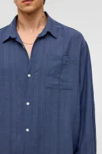 Oversize Çizgili Uzun Kollu Keten Gömlek Lacivert