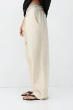 Bel Lastikli Baggy Fit Keten Pantolon Naturel