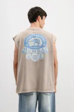 Printed Sleeveless Oversize T-Shirt Beige