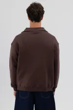 Basic Zip-Up Stand-Up Collar Sweatshirt, Brown