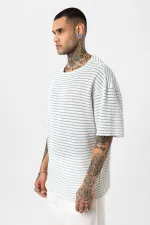 T-shirt rayé oversize en maille bleu ciel