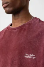 Yıkamalı Oversize Ekose Detaylı Tişört Bordo