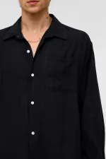 Oversize Çizgili Uzun Kollu Keten Gömlek Siyah