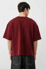 Kısa Kollu Boxy Fit Baskılı Tişört Bordo