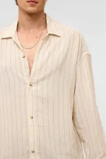 Oversize Uzun Kollu Çizgili Keten Gömlek Vizon