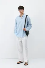 Chemise oversize bleue aspect lin texturé