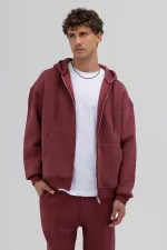 Basic Fermuarlı Oversize Kapüşonlu Sweatshirt Bordo