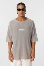 Yıkamalı Oversize Baskılı Triko Tişört Taş