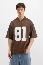 Baskılı Fitilli Oversize Tişört Kahve