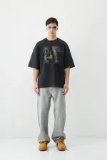 Yıkamalı Baskılı Oversize Tişört Siyah
