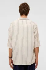 Oversize Çizgili Kısa Kollu Keten Gömlek İndigo