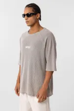 Yıkamalı Oversize Baskılı Triko Tişört Taş