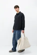 Dokulu Pamuklu Oversize Gömlek Siyah