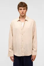 Oversize Çizgili Uzun Kol Gömlek Taş