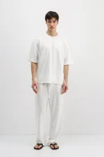 Fitilli Dokulu Oversize Tişört Ekru