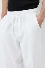 Bel Lastikli Baggy Fit Keten Pantolon Beyaz
