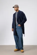 Kemerli Oversize Kaşe Kaban Lacivert