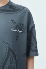 Oversize Desenli Şort Tişört Takım Koyu Füme