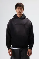 Sweat à capuche noir oversize imprimé et délavé