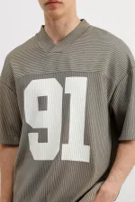 Baskılı Fitilli Oversize Tişört Haki