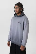 Premıum Yıkamalı Yazı Detaylı Oversize Kapüşonlu Sweatshirt Gri