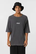 Yıkamalı Oversize Baskılı Triko Tişört Siyah