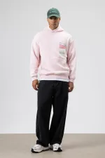 Oversize Washed Print Hooded Sweatshirt Pink