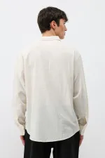 Dokulu Keten Görünümlü Oversize Gömlek Naturel