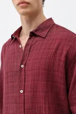 Dokulu Keten Görünümlü Oversize Gömlek Bordo