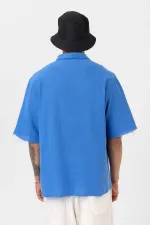 Dikişsiz Kısa Kol Cepsiz Oversize Keten Gömlek Saks