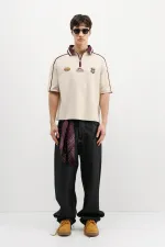 Fermuarlı Yaka Baskılı Oversize Tişört Taş