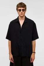 Oversize Striped Short-Sleeved Modal Fabric Shirt, Black